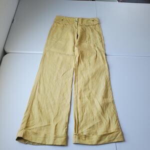 P.S. Linen Pants Womens 38 Yellow Wide Leg Chino Pockets Cuffed Hem Lagenlook